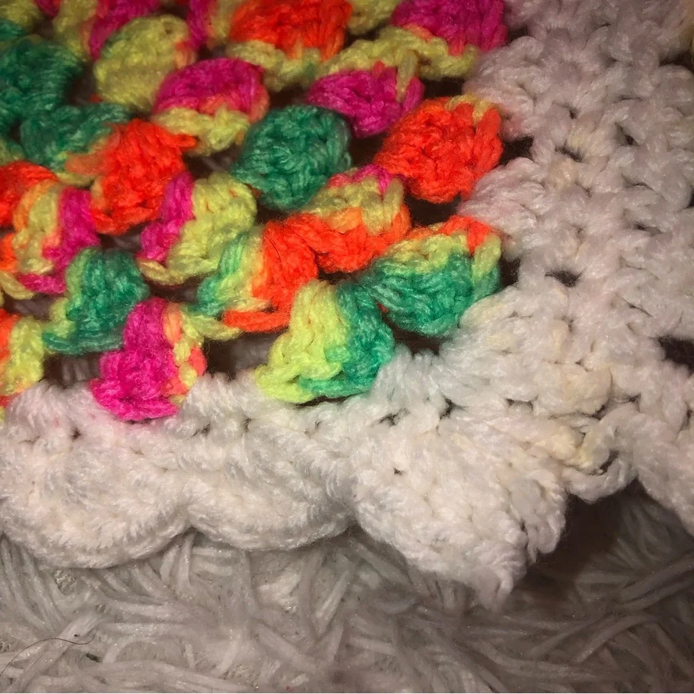 Handmade Crochet Blanket Granny Squares Bright Multi Color Blanket 35” x 34”